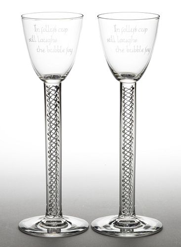 STEUBEN ALEXANDER POPE ENGRAVED ART GLASS PAIR OF TOASTING GOBLETS