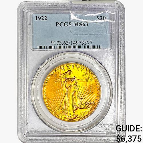 1922 $20 Gold Double Eagle PCGS MS63 
