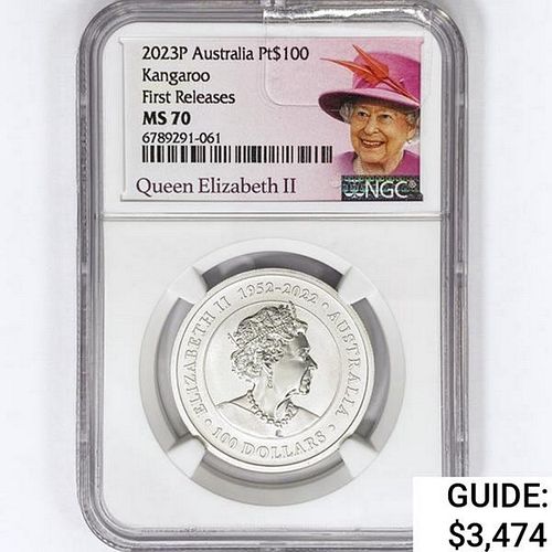 2023P $100 1oz Australia Pt NGC MS70 Q. Elizabeth 