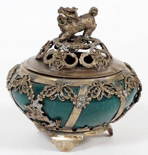 CHINESE JADE COLOR AND SILVER INCENSE BURNER