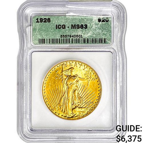 1926 $20 Gold Double Eagle ICG MS63 