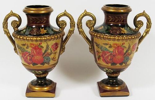 HAND PAINTED PORCELAIN URNS PAIR