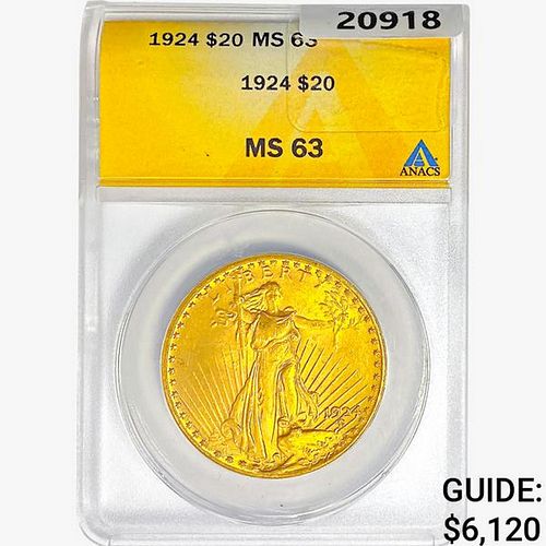 1924 $20 Gold Double Eagle ANACS MS63 