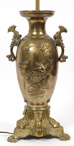 CHINESE RAISED BIRDS & FLORAL BRONZE TABLE LAMP