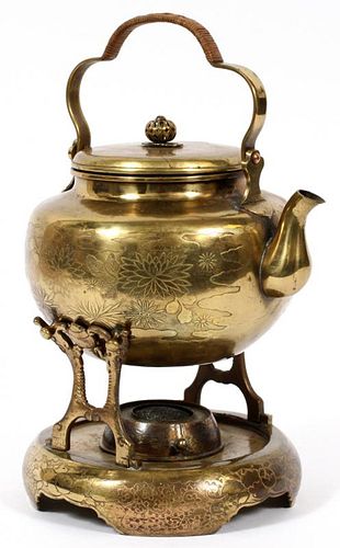 ANTIQUE BRASS TEA KETTLE ON STAND