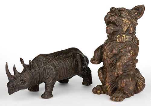 COPPER CLAD RHINOCEROS AND DOG, LOT OF TWO