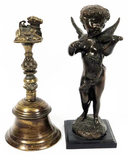 CHINESE BRONZE BELL AND SPELTER FIGURE OF A CHERUB