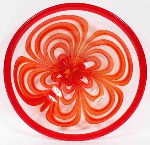 CLEAR W/ RED AND ORANGE SWIRL GLASS BOWL