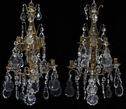 FRENCH GILT METAL & CRYSTAL FIVE-LIGHT SCONCES PAIR