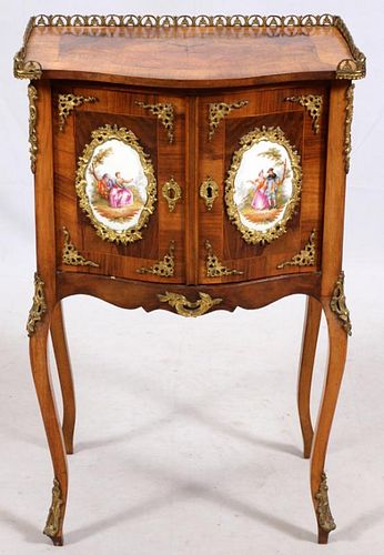 FRENCH WALNUT & PORCELAIN CABINET 19TH C.