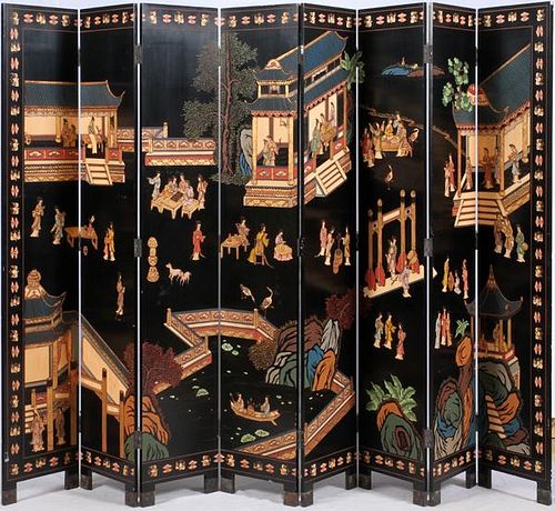 JAPANESE EIGHT PANEL BLACK LACQUER SCREEN