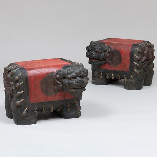 Pair of Unusual Asian Painted and Beaded Temple Guardians