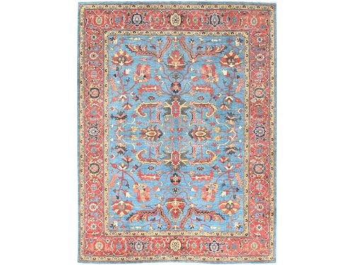 Hand Knotted Vegetable Dyes Baby Blue and Coral Afghan Peshawar Heriz Design Oriental Carpet