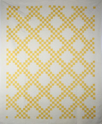 Vintage Yellow on White Ground Double Irish Chain Patchwork Quilt, circa 1930s