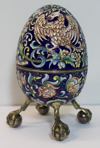 SILVER. Russian Enamel Egg with Ball and Claw Feet