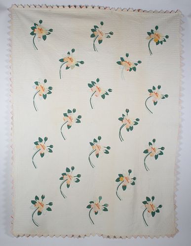 Vintage Rose Applique Quilt with Sawtooth Border, circa 1940s