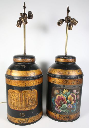 Two Tole Painted Tea Canister Lamps, 19th Century