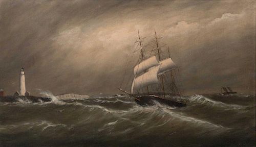 CLEMENT DREW, (American, 1806-1889), Ship in a Gale off Boston Light