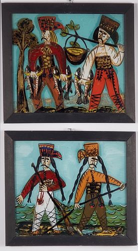 Pair of Antique Reverse Paintings on Glass of Fisherman