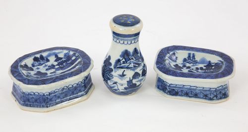 Two Canton Open Salts and Pepper Shaker, 19th Century