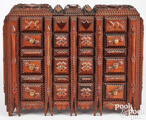 Large carved tramp art jewel chest, late 19th c.