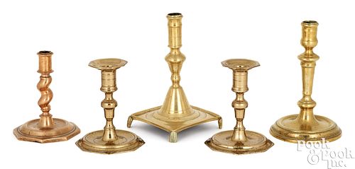 Five European brass candlesticks