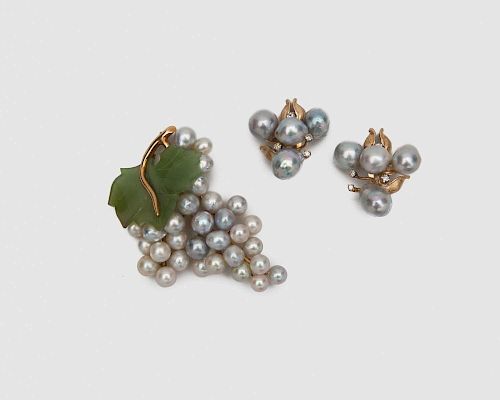 14K Yellow Gold, Baroque Gray Pearl, Nephrite, and Diamond Brooch and Earclips