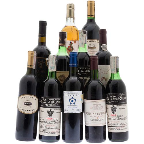 Lote de Vinos Tintos y Blancos de España, Francia, Portugal y Australia. En presentaciones de 700 y 750 ml. Total de piezas: 11.

