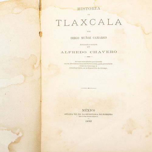 Muñoz Camargo, Diego. Historia de Tlaxcala. México: Oficina Tip. de la Secretaría de Fomento, 1892.