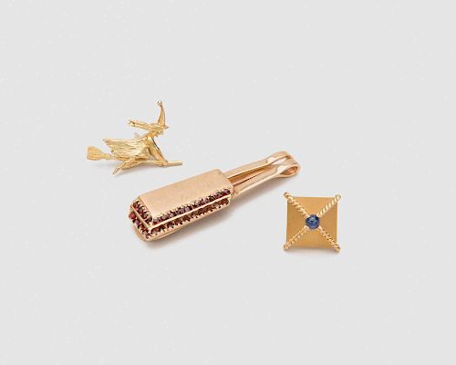 Two Yellow Gold Tie Pins and One Yellow Gold Tie Clip