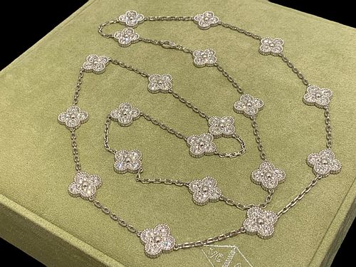 Van Cleef & Arpels 18K White Gold & Diamonds Vintage Alhambra Long Necklace 20 Motifs Diamonds