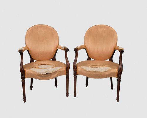 Pair of Georgian Carved Mahogany Armchairs, in the French style, late 18th century