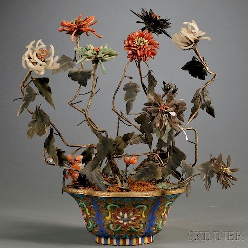 Cloisonne Planter with Hardstone Chrysanthemums