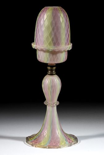 VICTORIAN RAINBOW SATIN MOTHER-OF-PEARL DIAMOND-QUILT ART GLASS PEDESTAL FAIRY LAMP