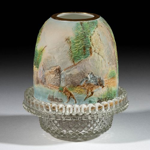 FOREST SCENE LITHOPHANE AND GLASS HANGING FAIRY LAMP