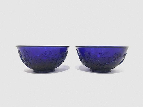 Pair of Chinese Blue Carved Peking Glass Bowls