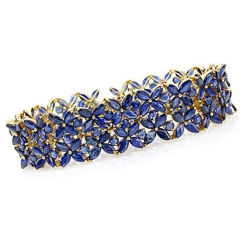 Round and Marquise Cut Sapphire and 14 Karat Yellow Gold Bracelet