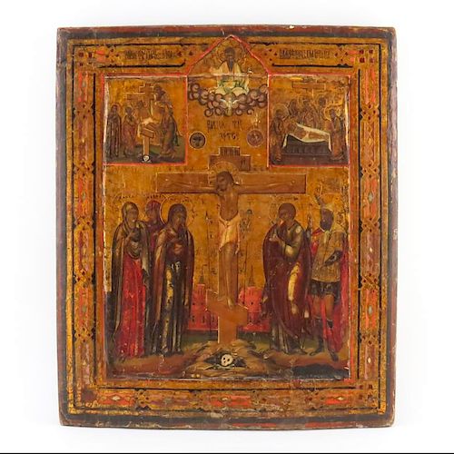18th Century Russian Painted and Parcel Gilt Icon on Panel Depicting the Crucifixion of Christ