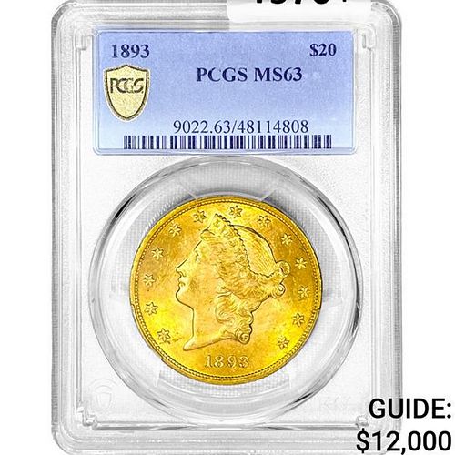 1893 $20 Gold Double Eagle PCGS MS63