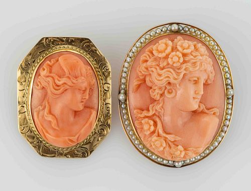 ANTIQUE / VINTAGE 14K YELLOW GOLD AND CARVED CORAL CAMEO BROOCHES / PENDANTS, LOT OF TWO