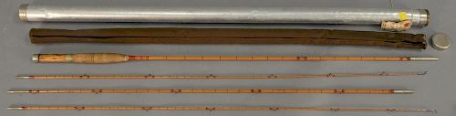 Leonard three part bamboo fly rod for trout with two tips marked H.L. Leonard Leonard & Mills, in metal case (center section 