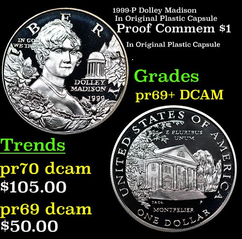 Proof 1999-P Dolley Madison In Original Plastic Capsule Modern Proof Commem Dollar 1 Grades GEM++ Proof Deep Cameo