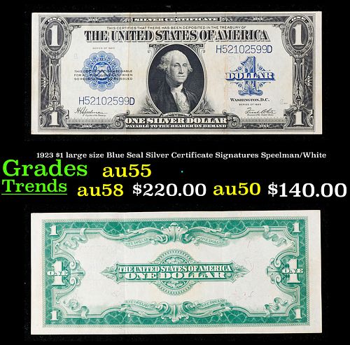 1923 $1 large size Blue Seal Silver Certificate Grades Choice AU Signatures Speelman/White