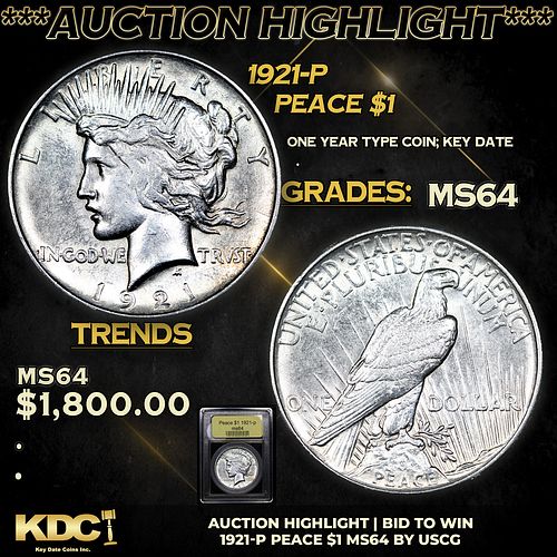***Auction Highlight*** 1921-p Peace Dollar 1 Graded Choice Unc By USCG (fc)
