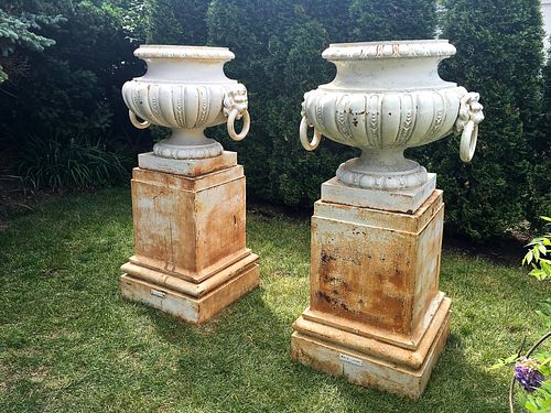  Pair of Val d'Osne Urns on J.L. Mott Plinths