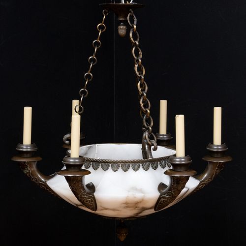 Empire Style Patinated Bronze-Mounted Alabaster Six-Light Chandelier