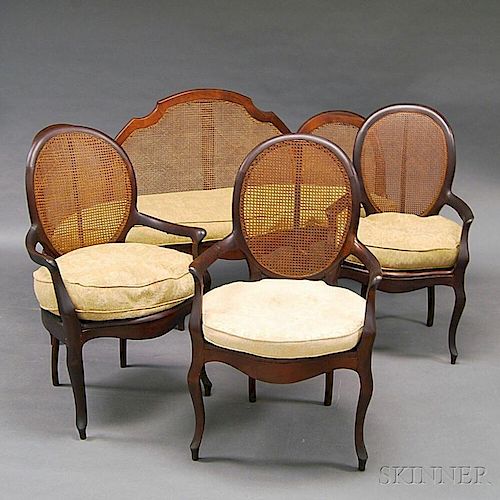 French Walnut Caned Settee and Three Fauteuil