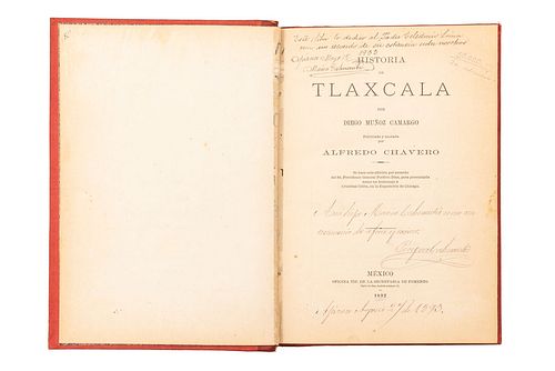 Muñoz Camargo, Diego. Historia de Tlaxcala. México: Oficina Tip. de la Secretaría de Fomento, 1892. 4o. marquilla, 278 + VI p....