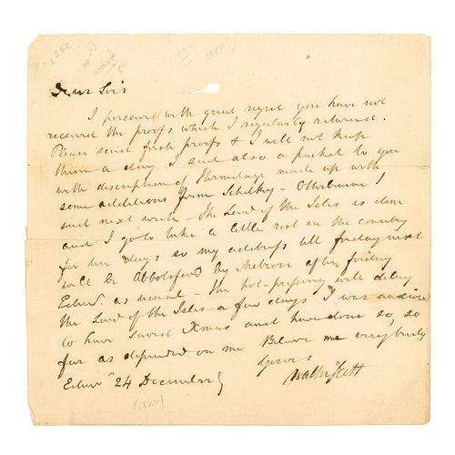 Scott, Walter. Carta Dirigida a sus Editores. Edimburgo, Diciembre 24 de 1814.  1 hoja, 19 x 19.7 cm. Firmada por Walter Scott.