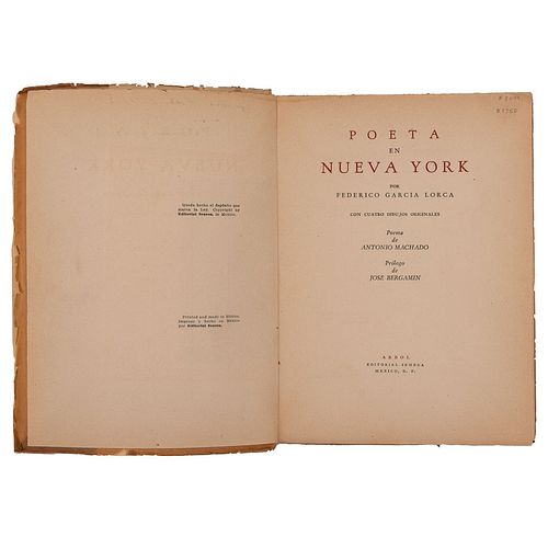García Lorca, Federico. Poeta en Nueva York. México, 1940. Primera edición.